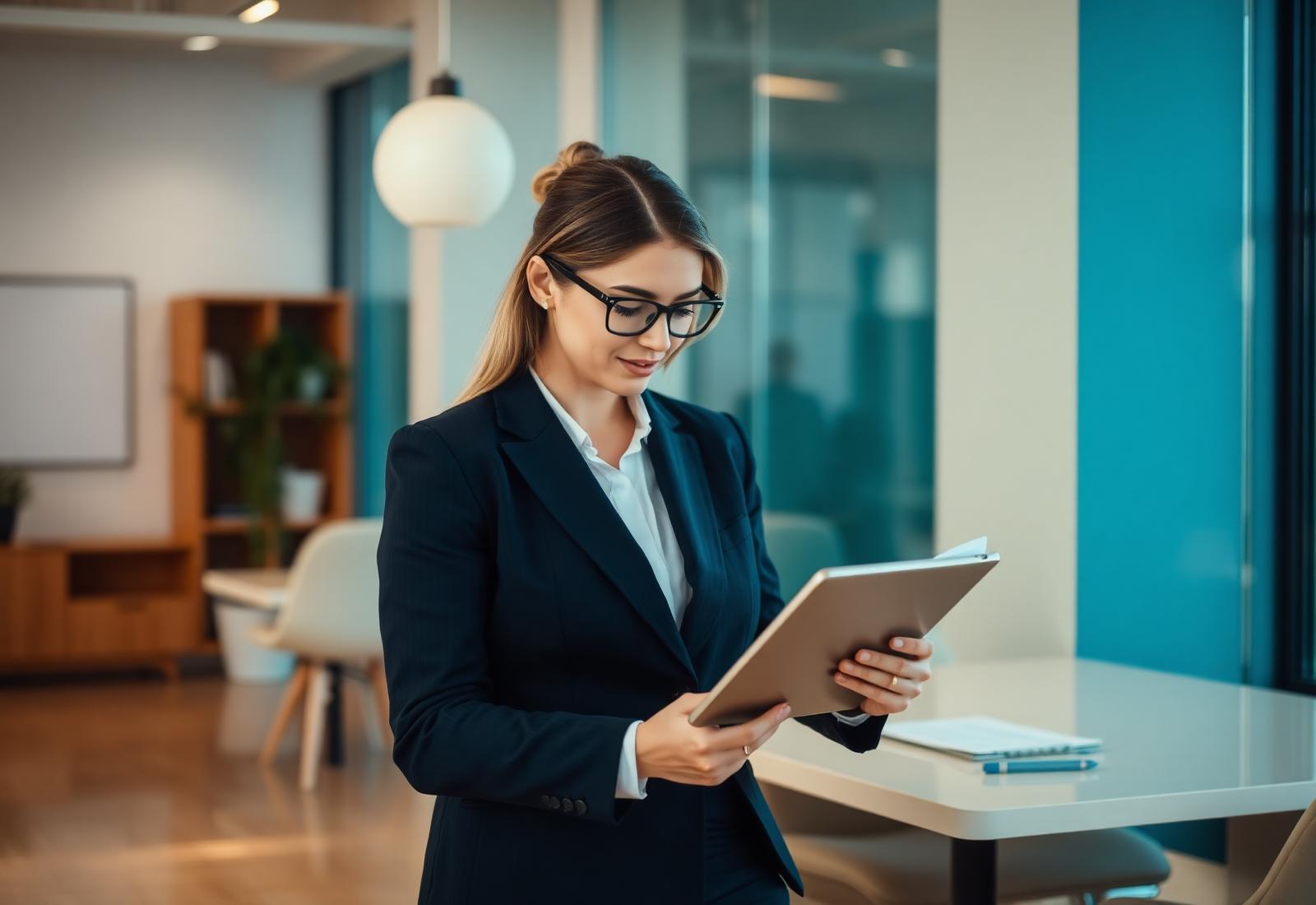 Agente immobiliare consulta documenti digitali su tablet